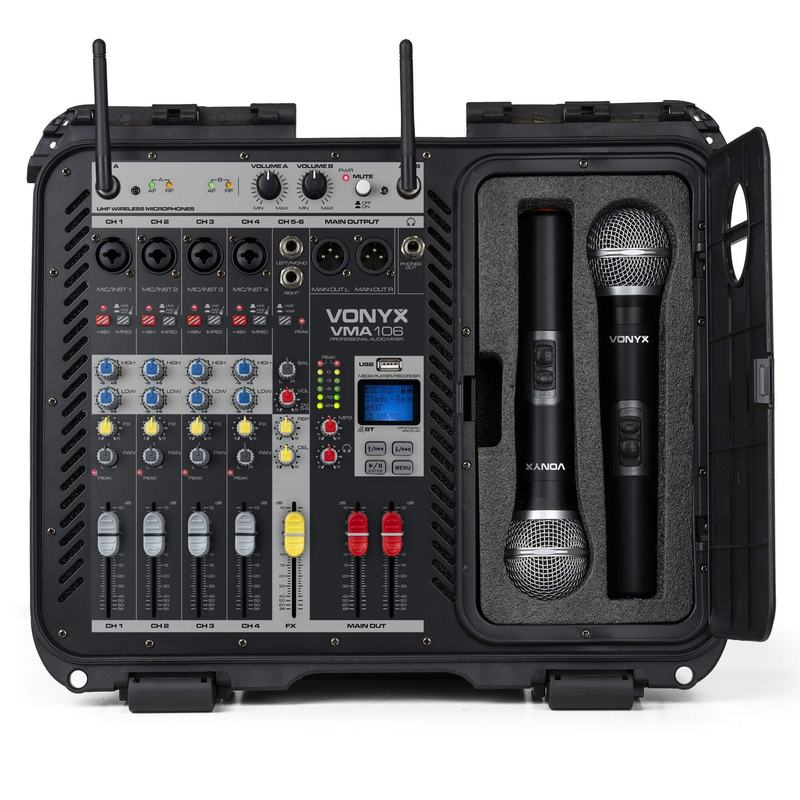 Vonyx VMA106 Mixer in flightcase - met 2 UHF draadloze microfoons - alles-in-één systeem
